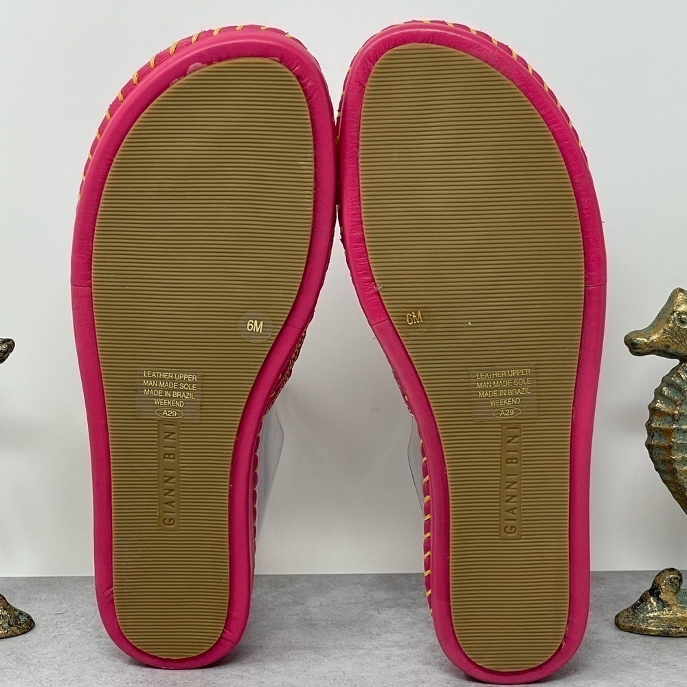 Gianni Bini Pink Strappy Flat Thong Sandals Yellow Stitching Leather Size 6 - Picture 3 of 8